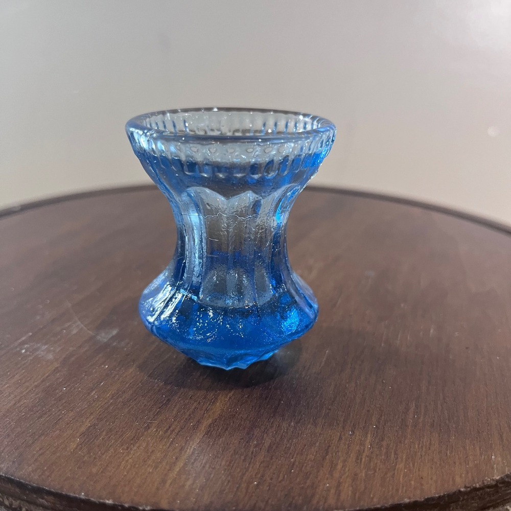 Wheaton Toothpick Holder Vtg Blue Glass Scalloped Rim Paneled Hourglass